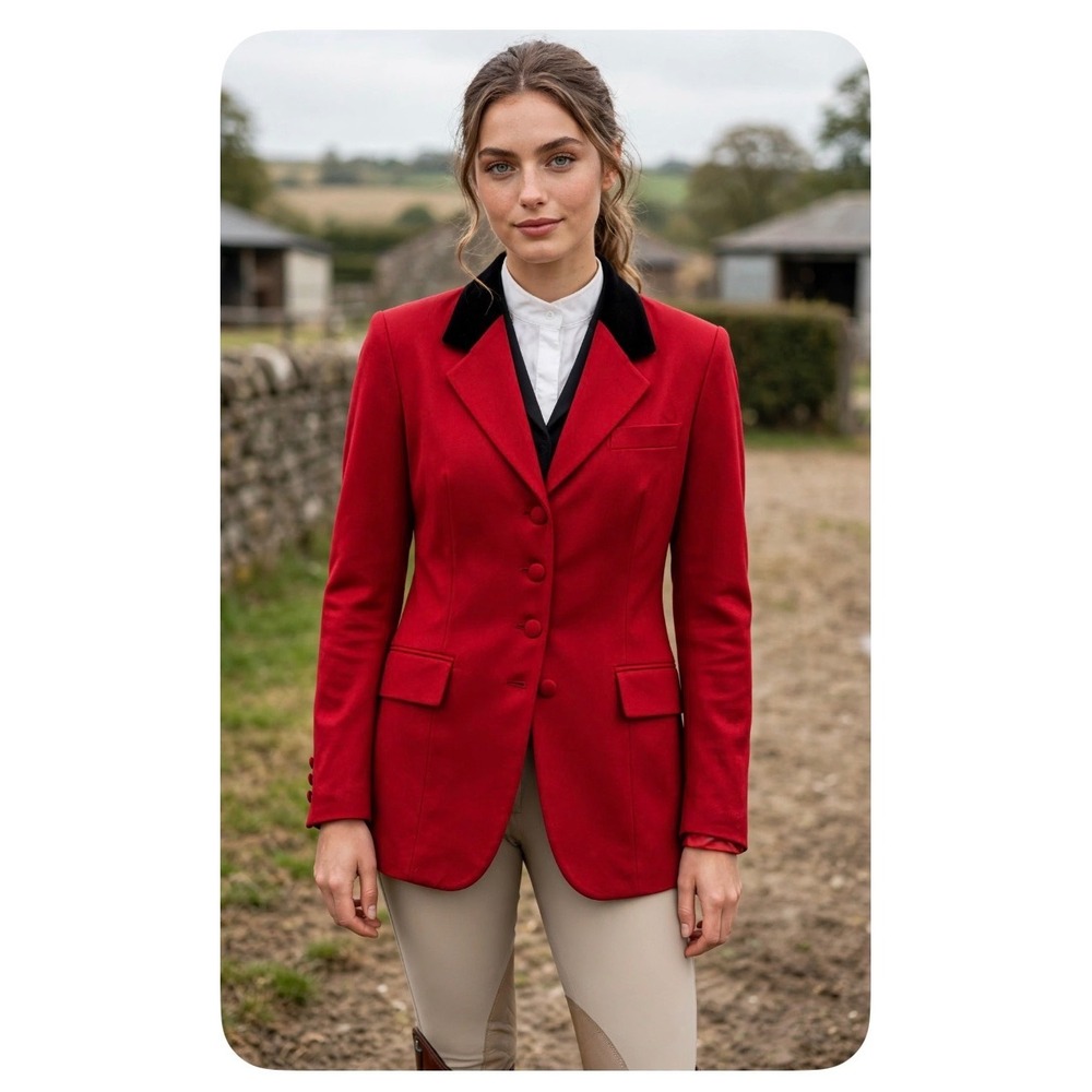 Laura Ashley Red Wool Equestrian Riding Jacket Velvet Collar Great Britain 12